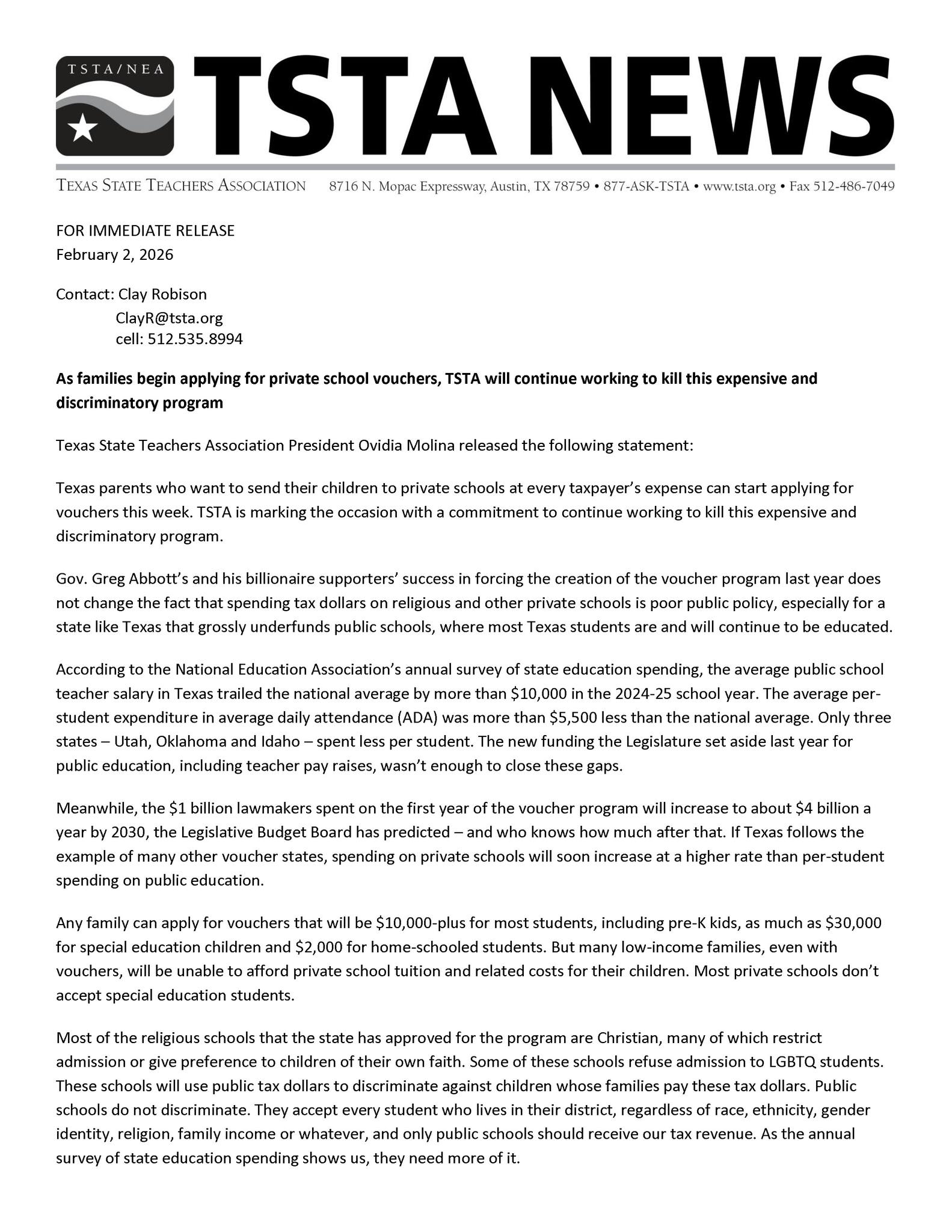 Texas - As families begin applying for private school vouchers, TSTA ...