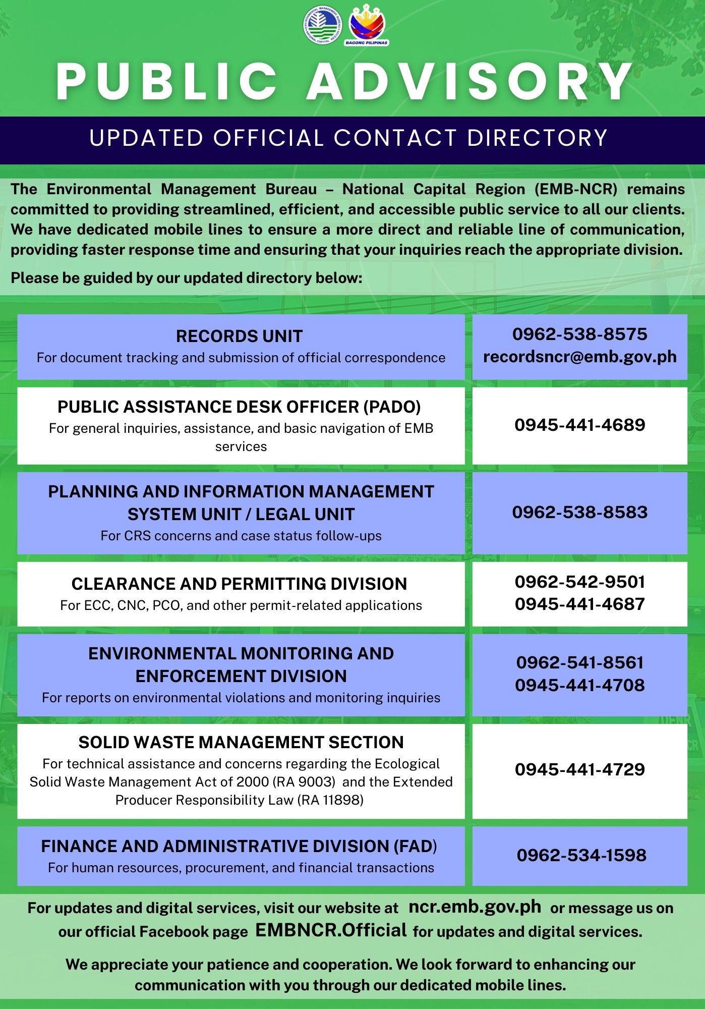 EMB - 𝙋𝙐𝘽𝙇𝙄𝘾 𝘼𝘿𝙑𝙄𝙎𝙊𝙍𝙔: 𝗨𝗣𝗗𝗔𝗧𝗘𝗗 𝗢𝗙𝗙𝗜𝗖𝗜𝗔𝗟 𝗖𝗢𝗡𝗧𝗔𝗖𝗧 𝗗𝗜𝗥𝗘𝗖𝗧𝗢𝗥𝗬 The ...