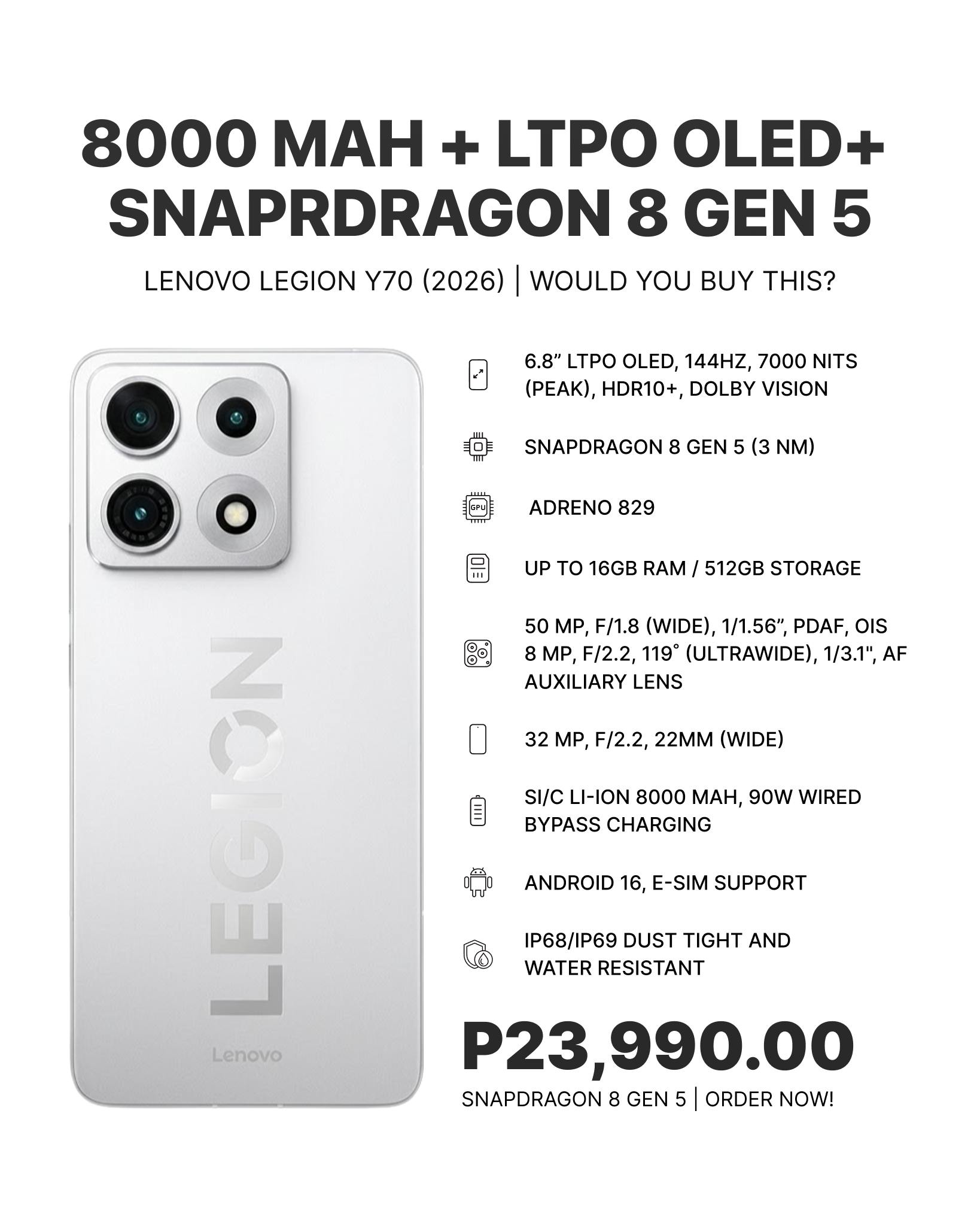 16GB 512GB 2026 ホワイト 新品未開封★Legion Y70