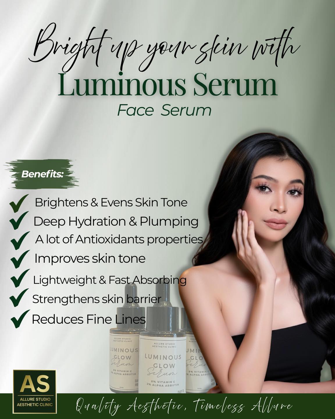 Brighten. Hydrate. Glow ✨ Reveal luminous, healthy-looking skin with our Luminous Face Serum—lightweight, fast-absorbing, and made to enhance your natural radiance. 𝘼𝙡𝙡𝙪𝙧𝙚 𝙎𝙩𝙪𝙙𝙞𝙤 𝘼𝙚𝙨𝙩𝙝𝙚𝙩𝙞𝙘 𝘾𝙡𝙞𝙣𝙞𝙘 𝒬𝓊𝒶𝓁𝒾𝓉𝓎 