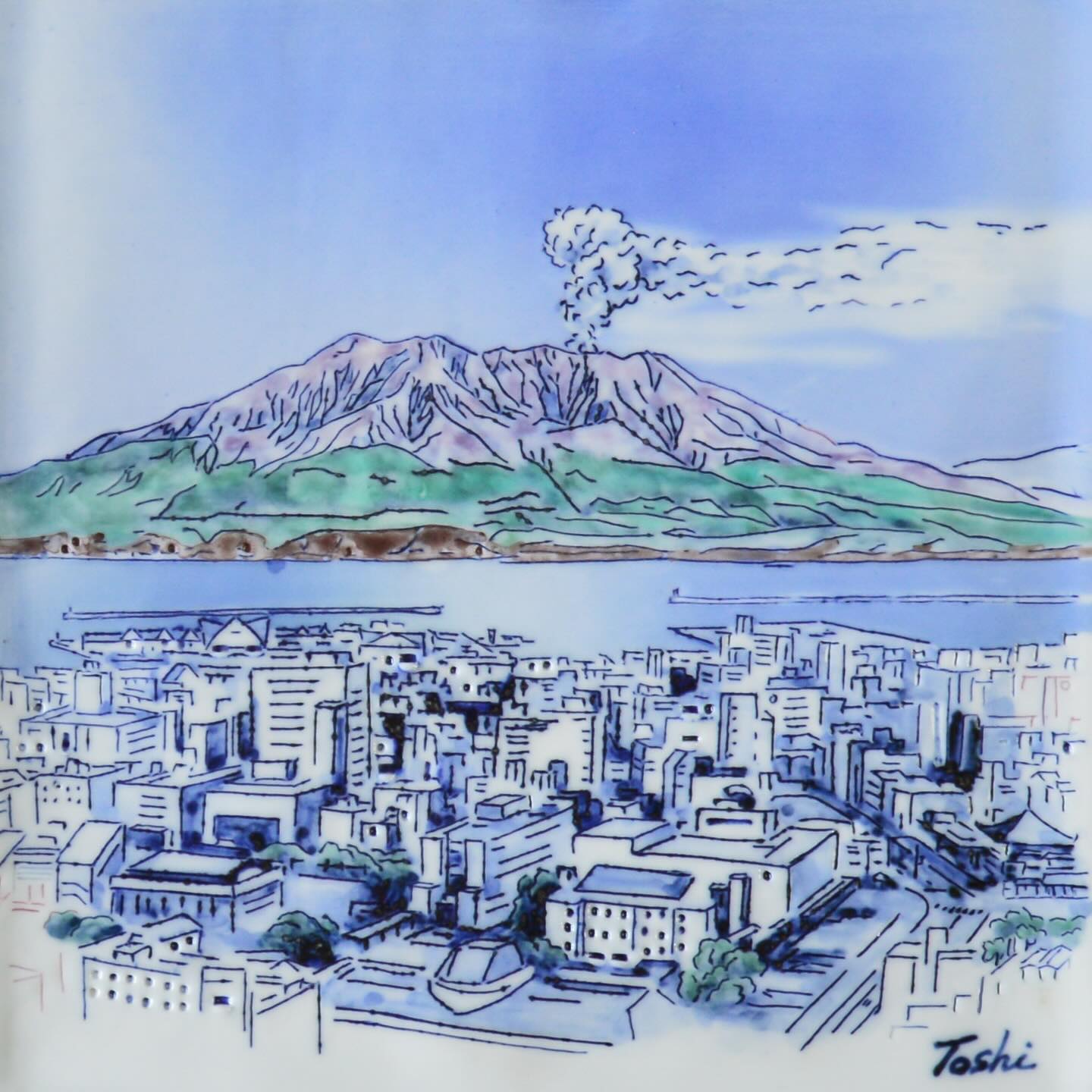 線刻陶額「城山より」辻 聡彦 作 ………………………………………… #聡窯 SOHYOH