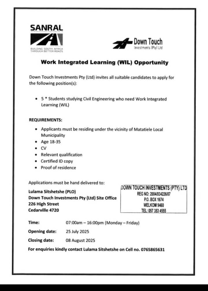 At Cedarville SANRAL Down Touch Investments IPtyl Work Integrated