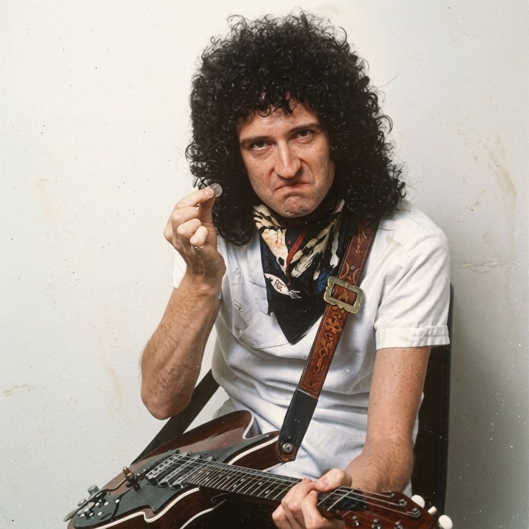 Brian May plays guitar with a pre-1950 British sixpence coin — and