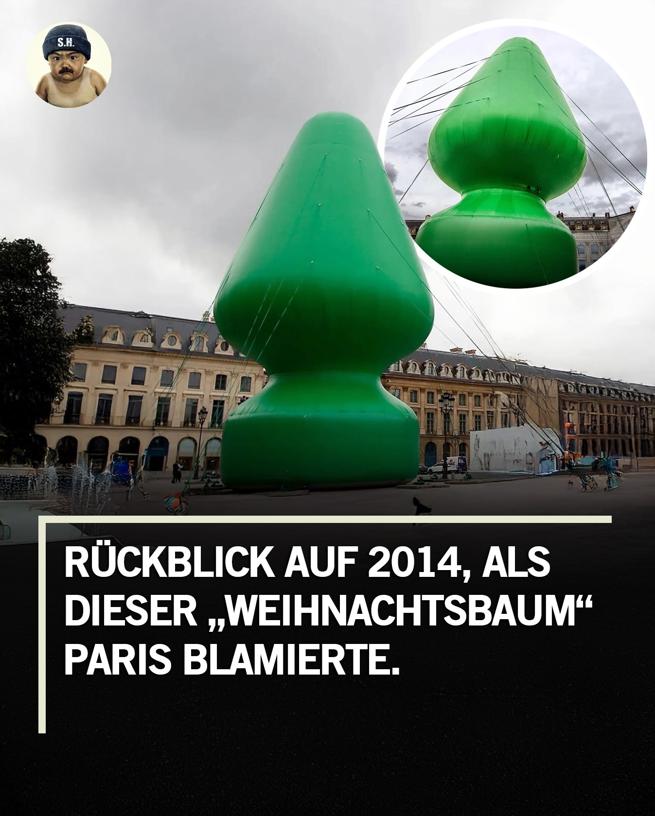 Im Jahr 2014 präsentierte Paris auf dem berühmten Place Vendôme einen eigentlich festlich gemeinten, rund 24 Meter hohen aufblasbaren Weihnachtsbaum. Entworfen vom amerikanischen Künstler Paul McCarthy, sorgte die Installation jedoch sofort für