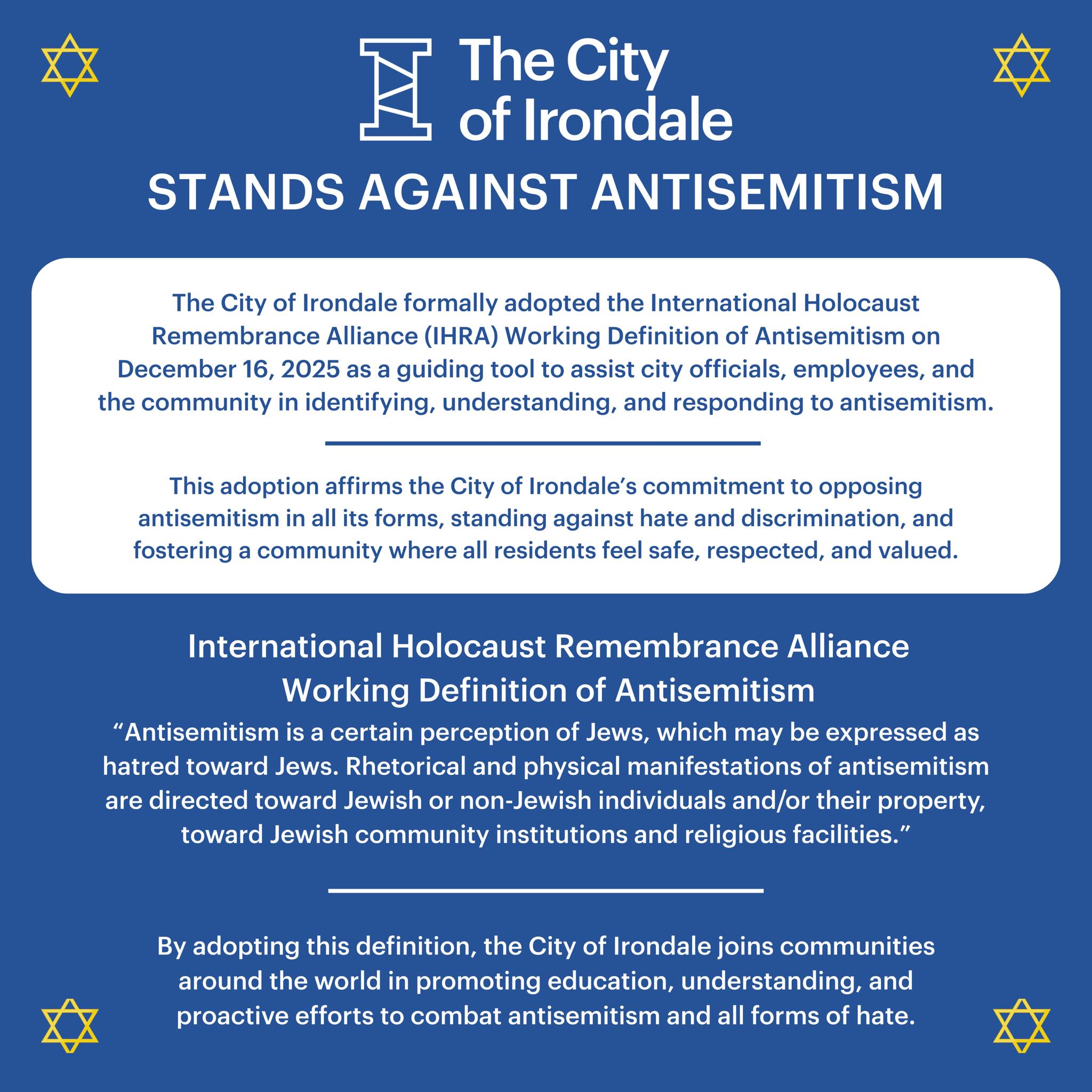 City - 💙 ️ The City of Irondale proudly stands against antisemitism. On ...
