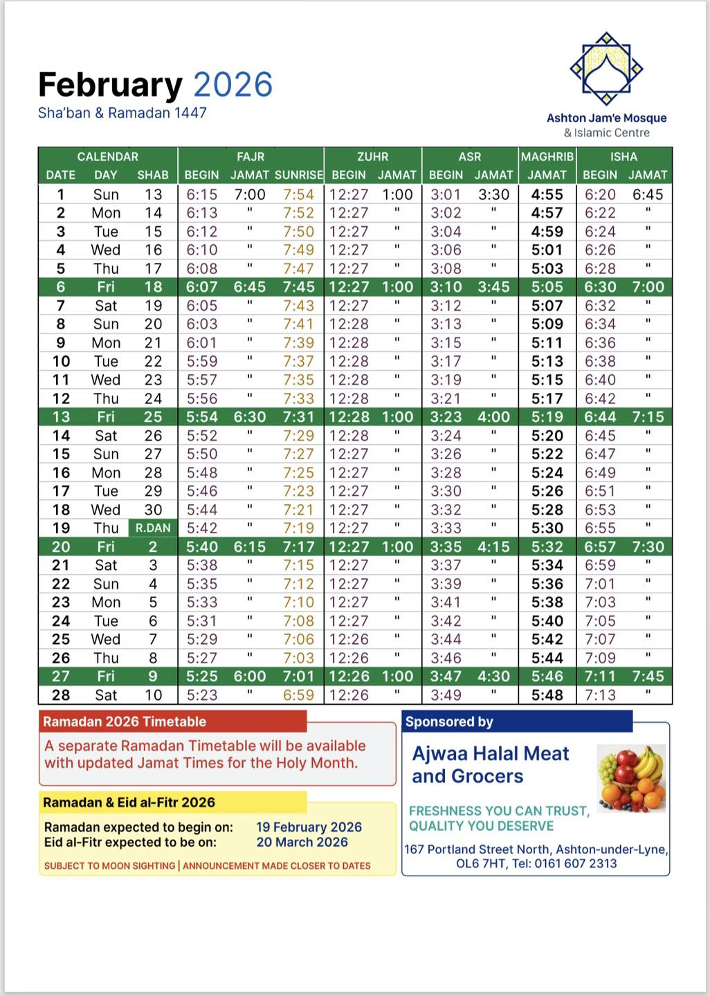 Namaz Timetable: February 2026... - Ashton Jam'e Mosque | Facebook