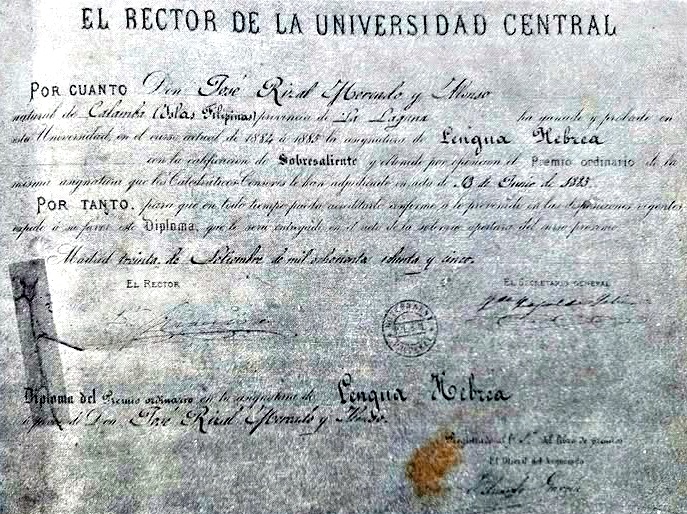 Philippine - LOOK: Dr. José Rizal’s diploma in the Hebrew language from ...
