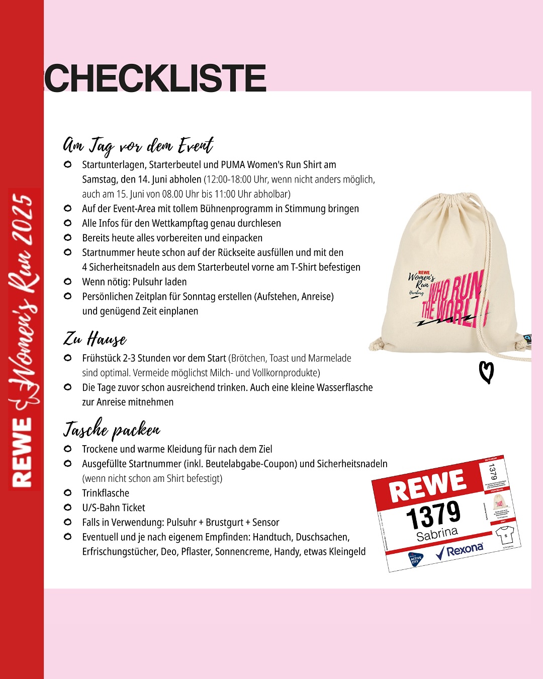 ✓Das ist eure Checkliste für den REWE Women's Run 2025 💖 Hier haben wir für euch alles zusammengefasst, was in eurer Vorbereitung auf den Women's Run wichtig ist.🤝🏻 Alle Infos findet ihr