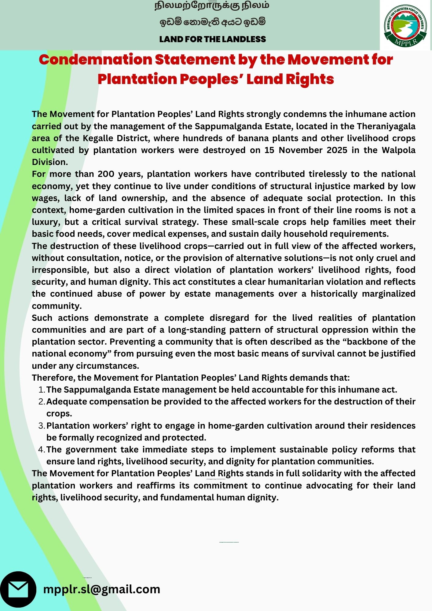 Movement for Plantation Peoples' Land Rights