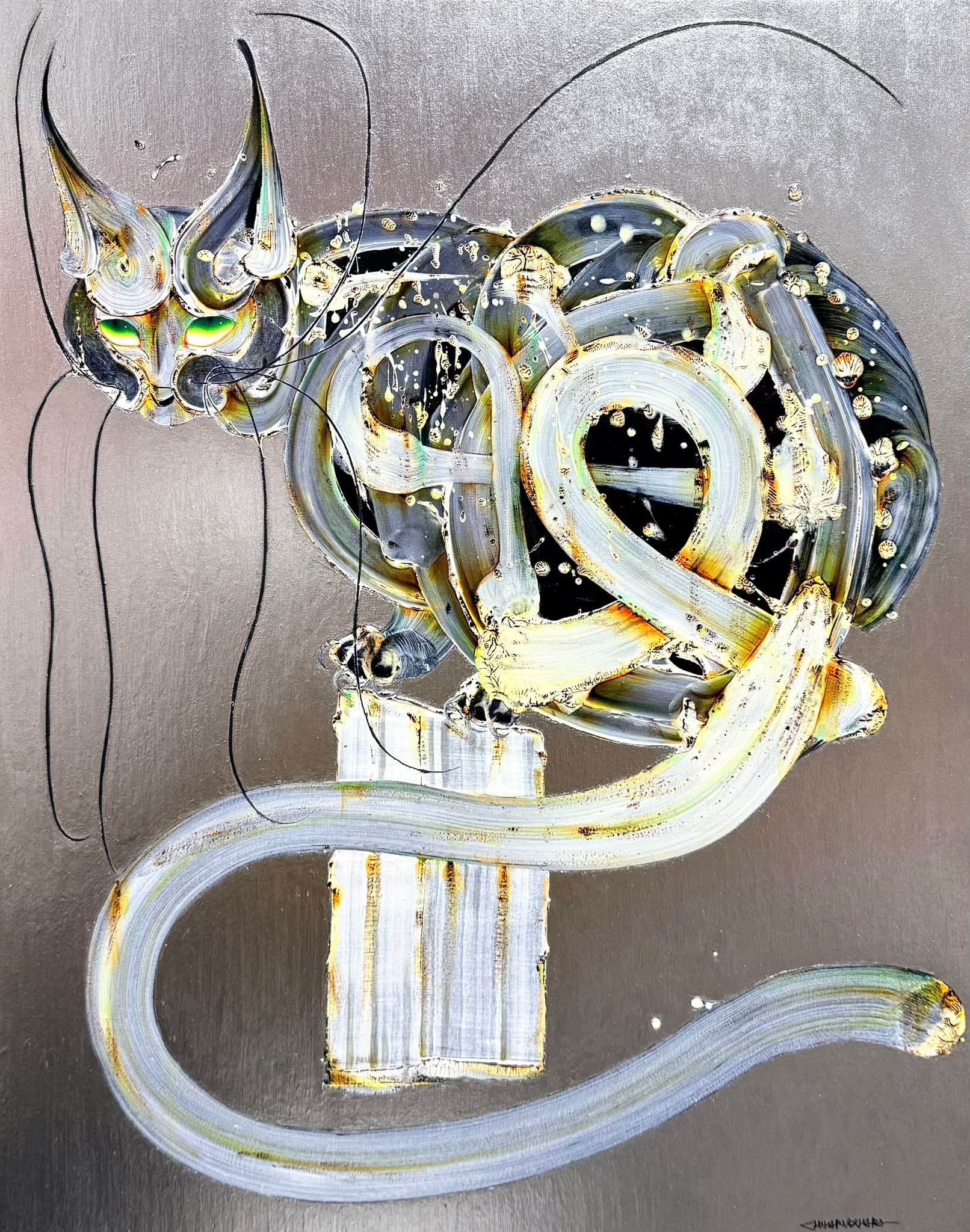 m*a様 木原千春　ドローイング4点　猫　イルカ　Kihara Chiharu 画家 木原千春 Chiharu - PURPLE PEDESTAL CAT 2026 oil on canvas 380