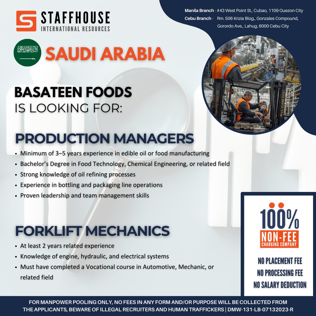 Staffhouse - NOW HIRING: Production Manager / Forklift Mechanic BOUND ...