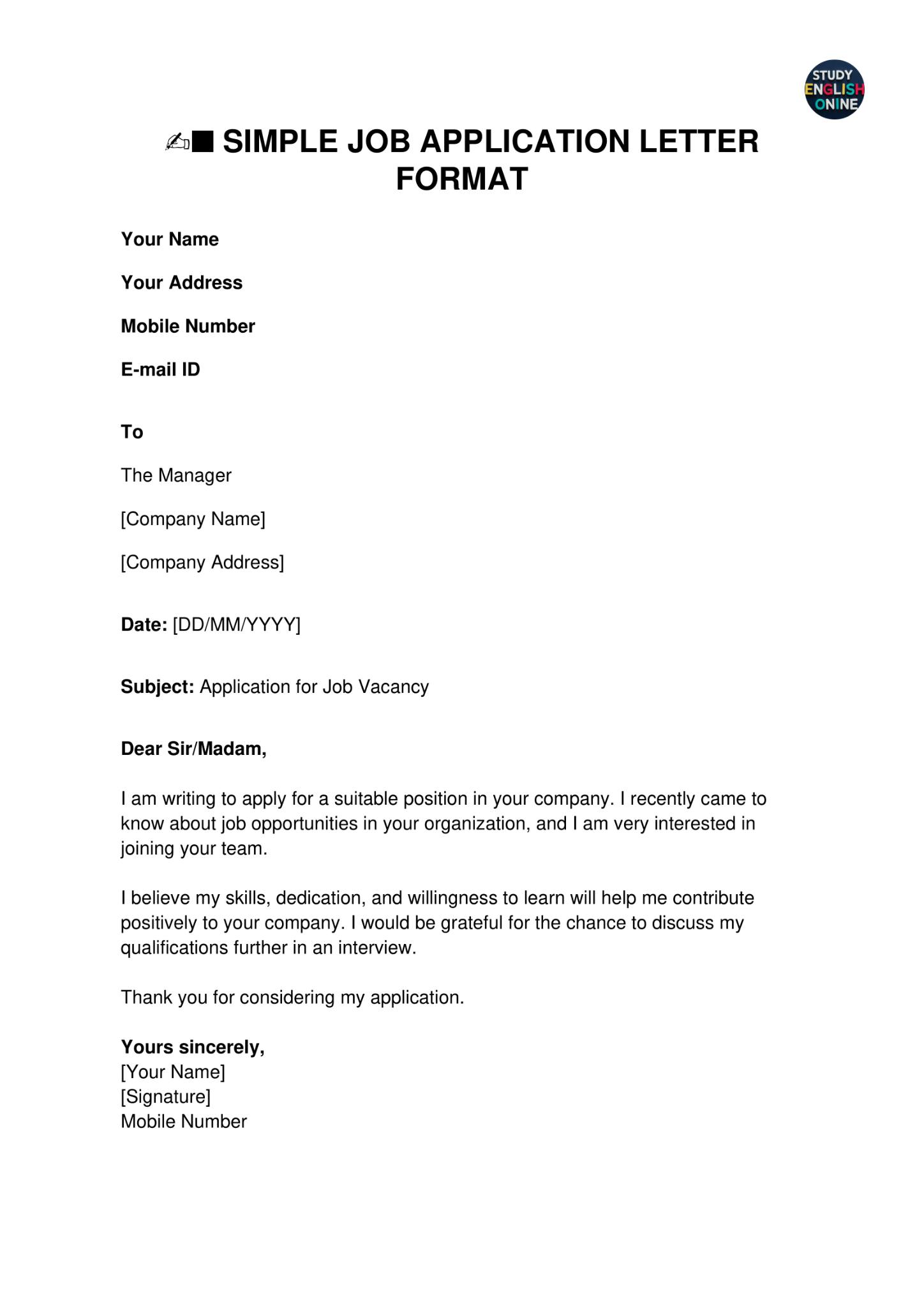 ️ Simple Job Application Letter... - STUDY English Online | Facebook