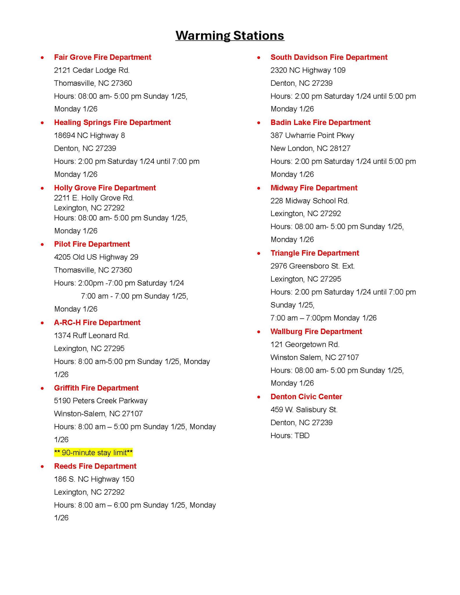 Davidson - Below is list of the Davidson County Warming Stations and ...