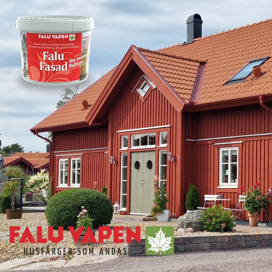 FALU FASAD] Falu Fasad är en modern alkydoljeburen emulsionsfärg och har  egenskaper som liknar traditionell slamfärg. Den är matt och lättstruken  och det bildas ingen tät färgfilm vilket möjliggör att träet kan