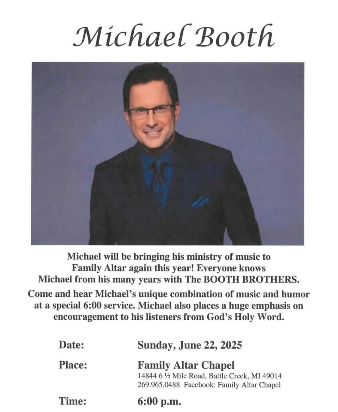 HEY BATTLE CREEK, MI! Come join Michael tomorrow night.