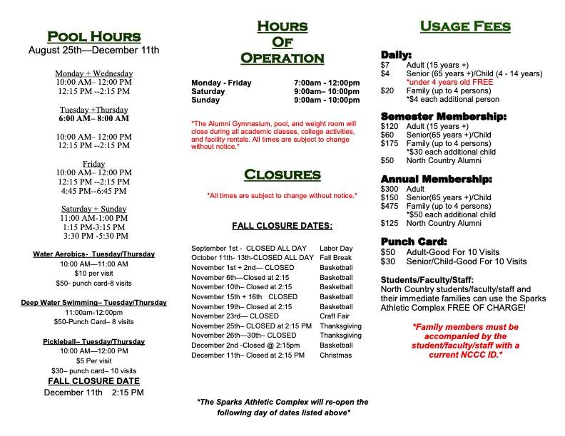 Updated fall hours for the NCCC... - Friends of the NCCC Pool | Facebook