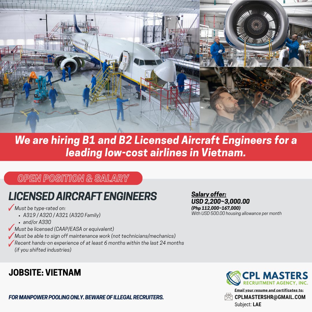 CPL - 🚨 HIRING URGENTLY: LICENSED AIRCRAFT ENGINEERS! ️ 🌏 Work in ...