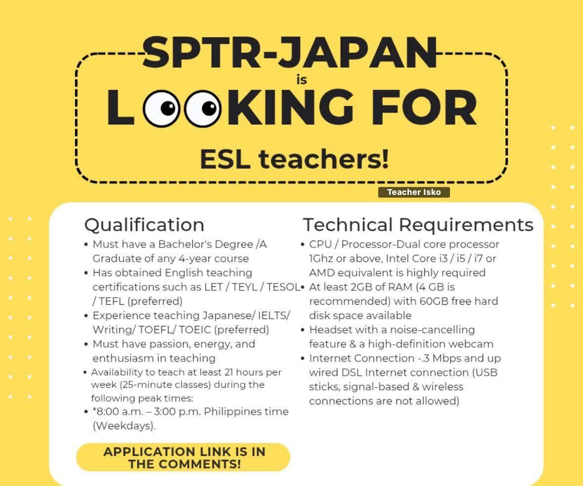 Teacher Isko - HIRING ALERT! SPTR-Japan is looking for... | Facebook