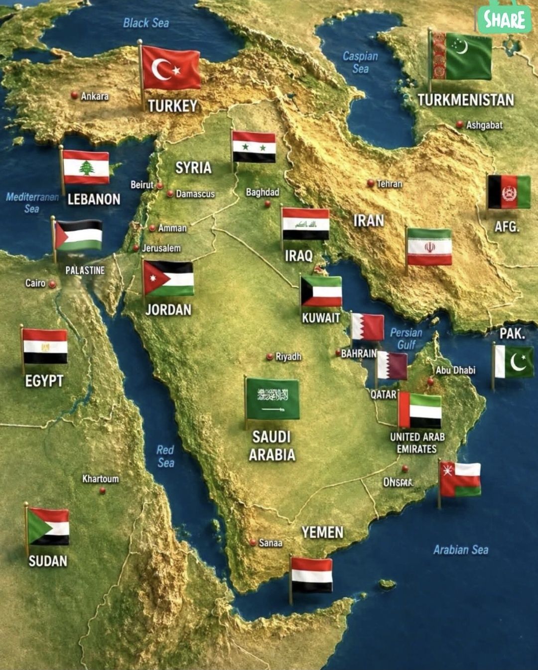 🗺️ Political Map of the Middle East The Middle East — a
