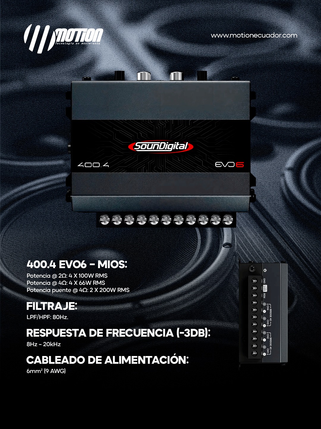 SounDigital 400.2 EVO 6.0 – Amplificador De Coche De 2 Canales Con 400W RMS, Filtros Integrados Y Diseño Compacto