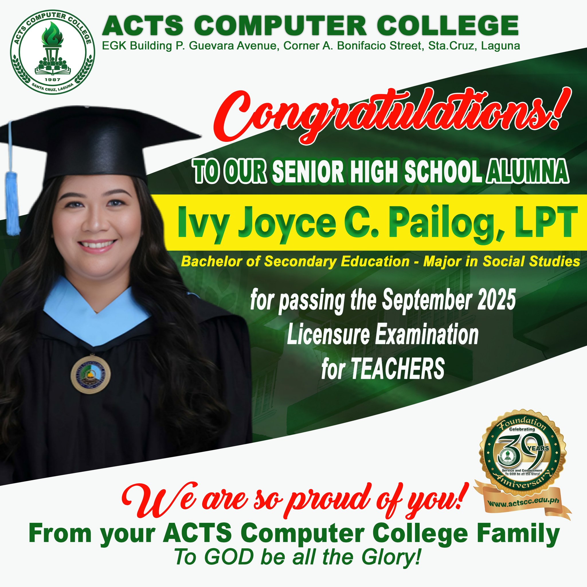 ACTS - Congratulations to Ms. Ivy Joyce C. Pailog, LPT a Senior High ...