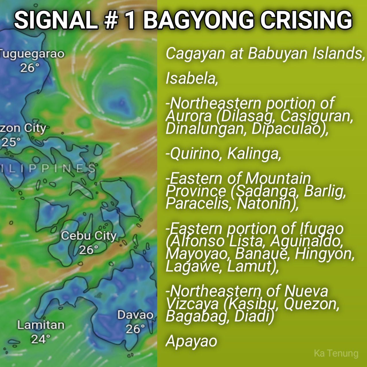 Ka - eto ang mga LUGAR na SIGNAL #1 dahil sa Bagyong Crising,Mag ingat ...