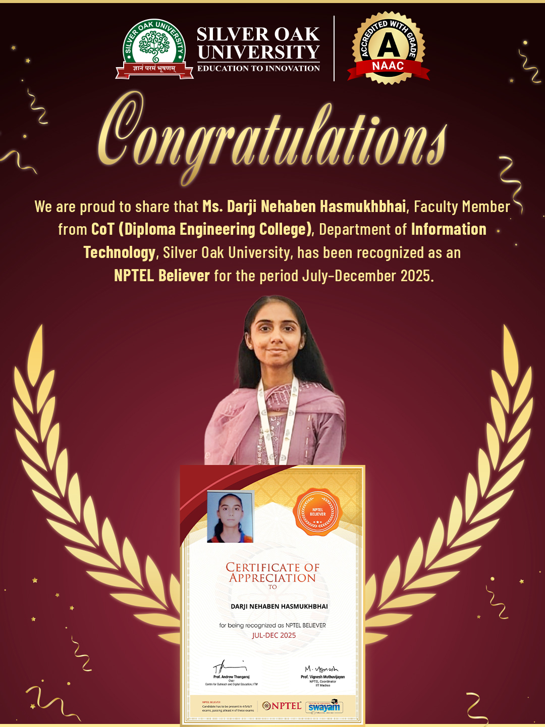 Silver - Proud Faculty Achievement | NPTEL Believer We are proud to ...