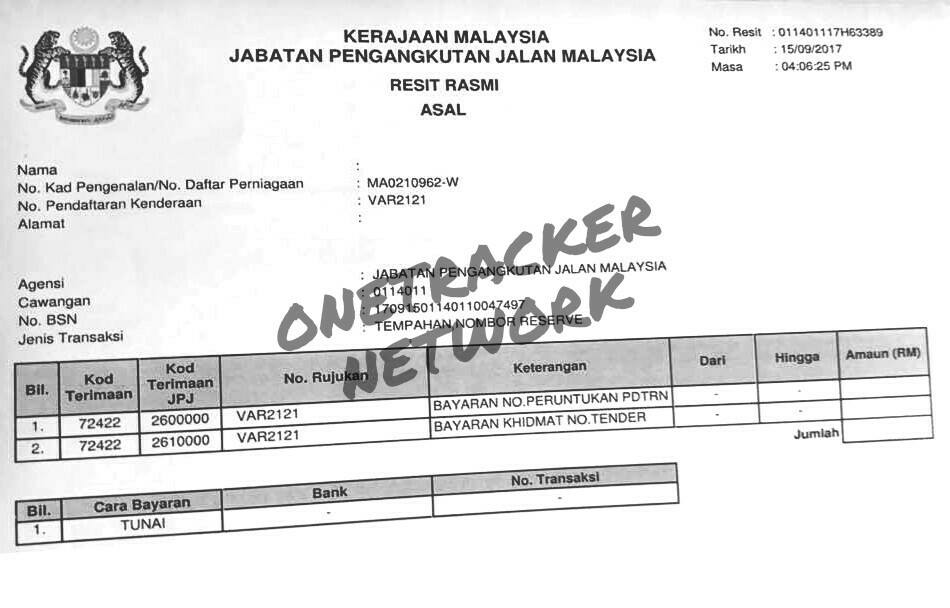 ONETRACKER Network - Contoh slip RESIT RASMI no. pendaftaran yang telah ...