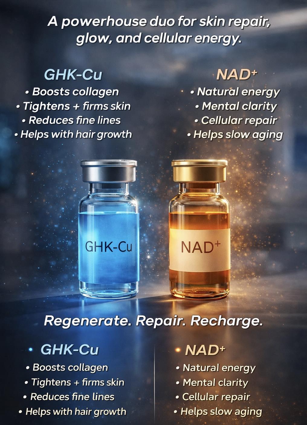 nad+ and ghk-cu together get talked about together, but they actually work on completely different systems. 🧬 ⚡ NAD+ supports your body from the inside out. It helps power mitochondria, produce cellular energy ( dihexa and cancer does mg:10mg/10mg X 10pk research peptide blend