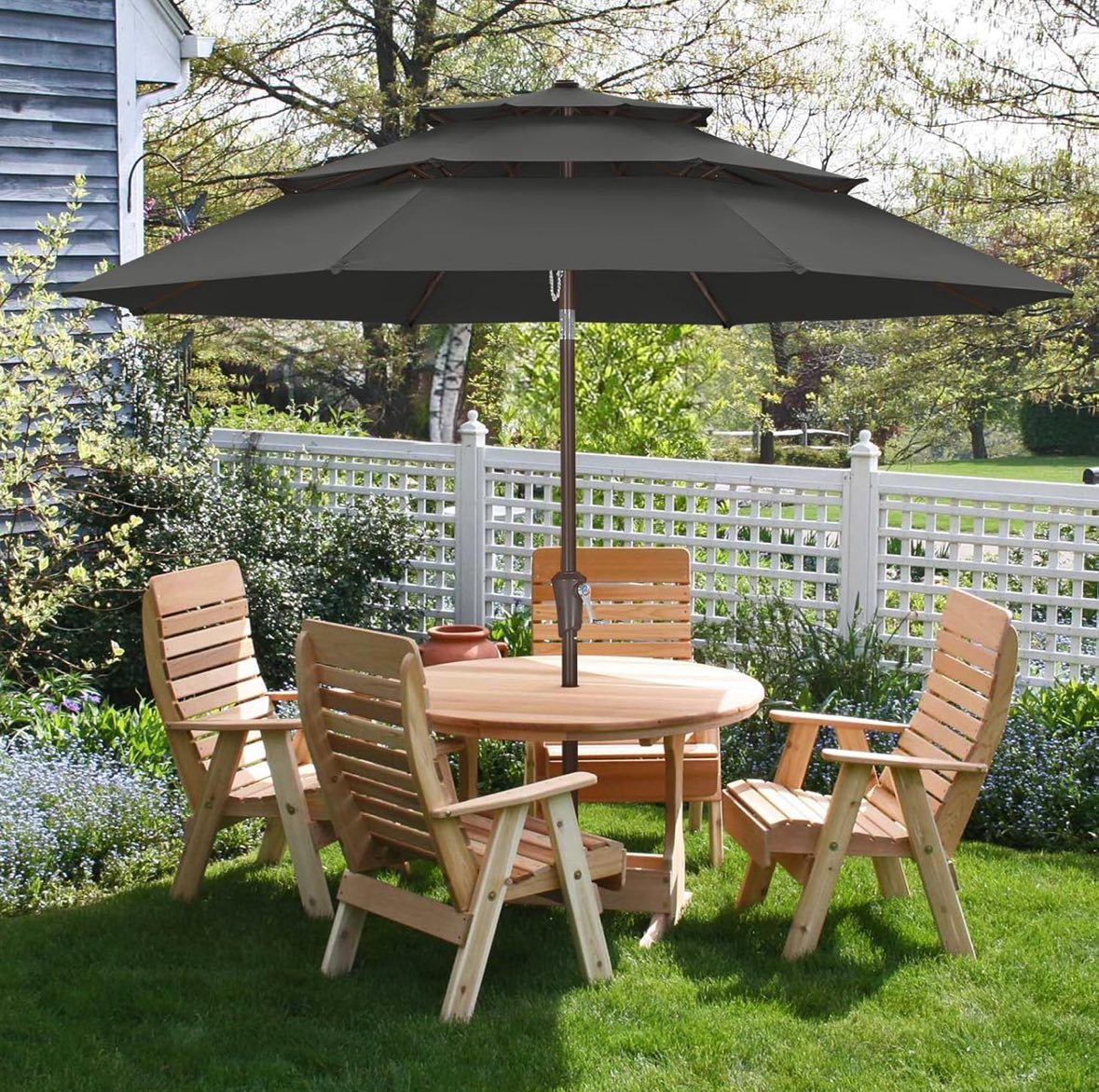 branded tilted umbrella patio POLYWOOD 9' Tilt Market & Base in Black/Marvel Cloud button connector pin protects the pole from damage. 9' Auto Tilt Patio Umbrella