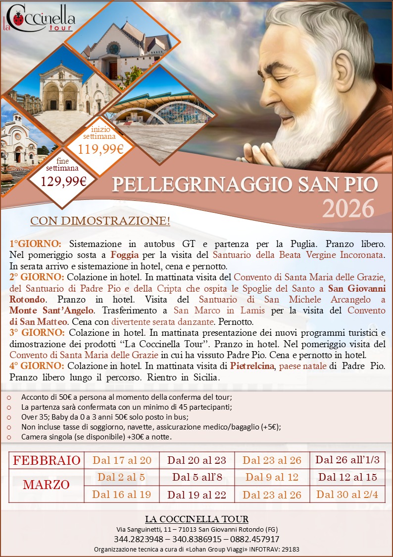 La - 2026-BUS-FEB-MAR-PADRE-PIO-CD 𝑃𝐸𝐿𝐿𝐸𝐺𝑅𝐼𝑁𝐴𝐺𝐺𝐼𝑂 𝑃𝐴𝐷𝑅𝐸 𝑃𝐼𝑂 𝑭𝑶𝑮𝑮𝑰𝑨 ...