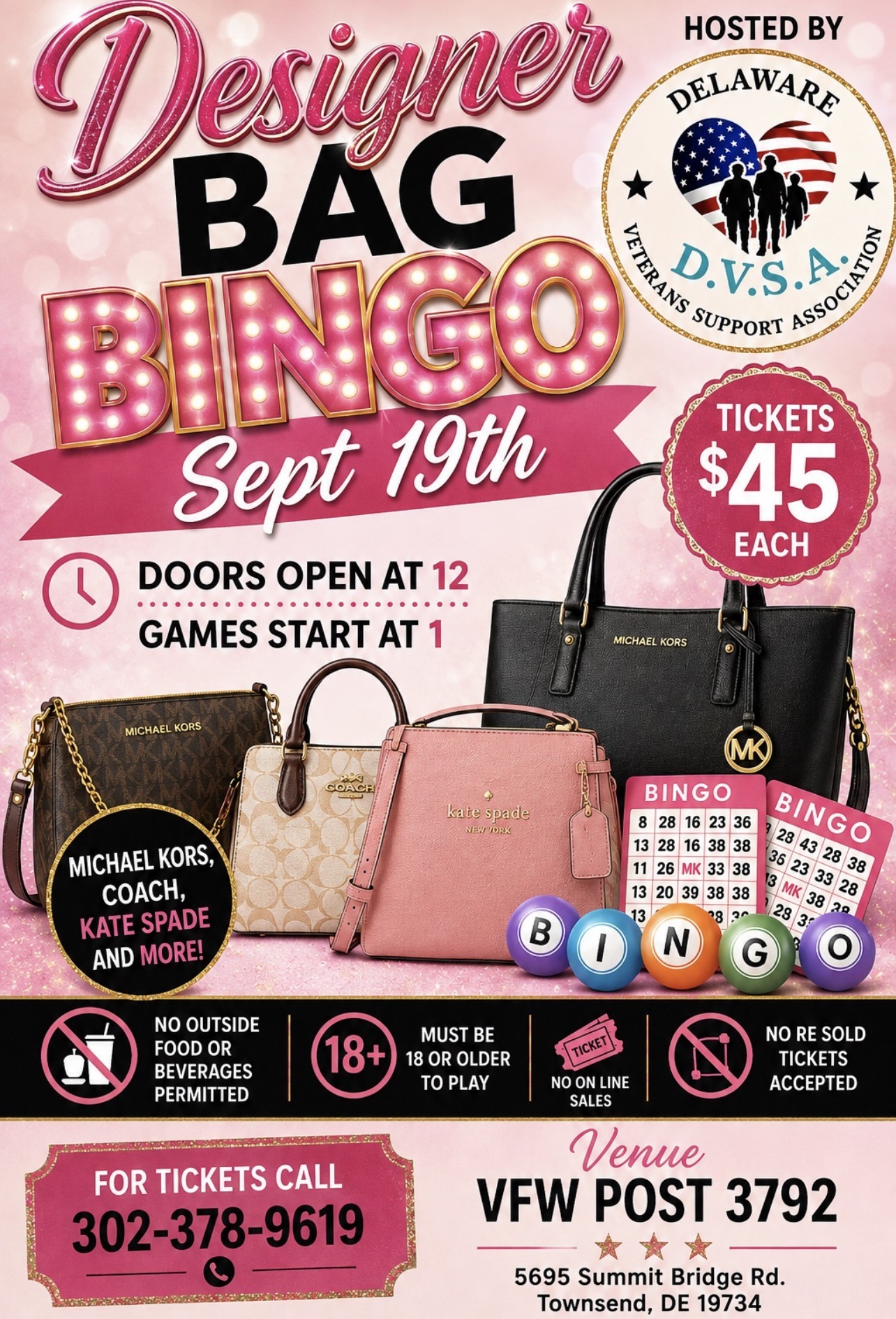Designer Bag Bingo! $45 per ticket. Public welcome
