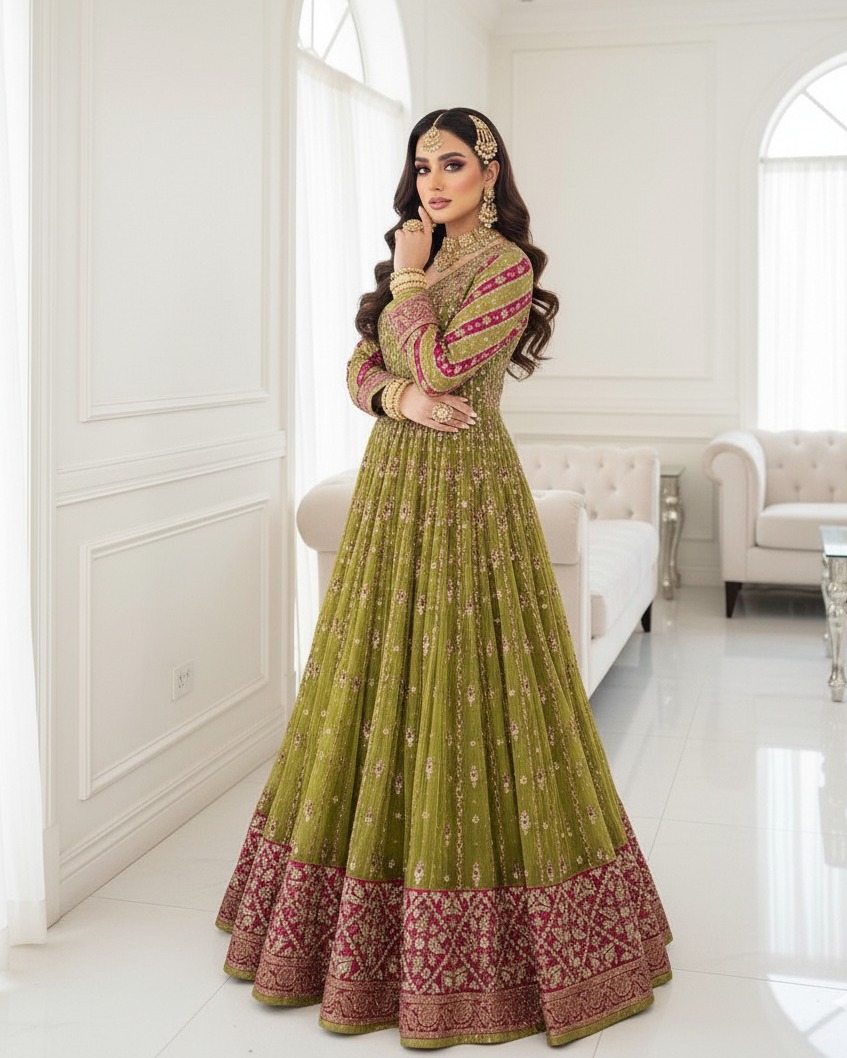 parrot green dress combination 💚 & Shocking Pink Fully Embroidered Wedding Outfit ✨ 📲 WhatsApp Orders: 0092-312-2584701 Island-Pearls