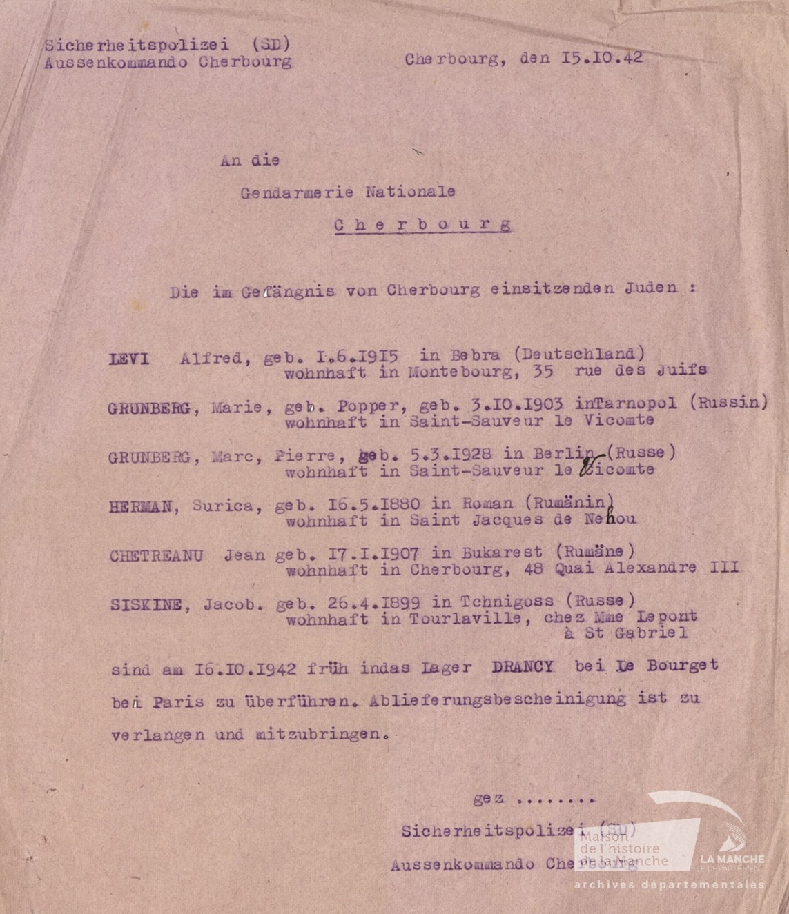 Archives - Ordre adressé le 15 octobre 1942 par la Sicherheitspolizei à ...