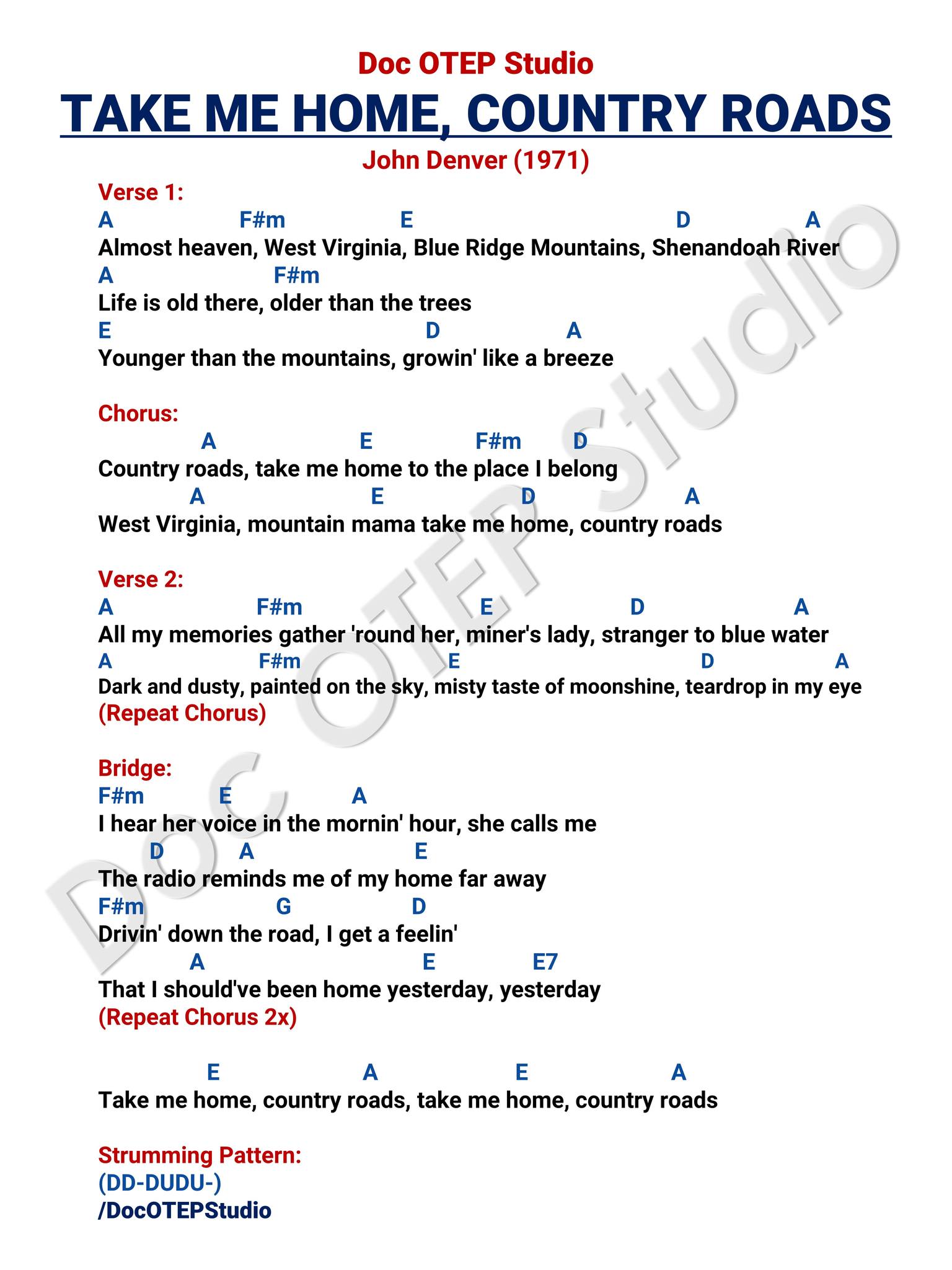 tobacco road song chords Take Me Home, Country Roads
