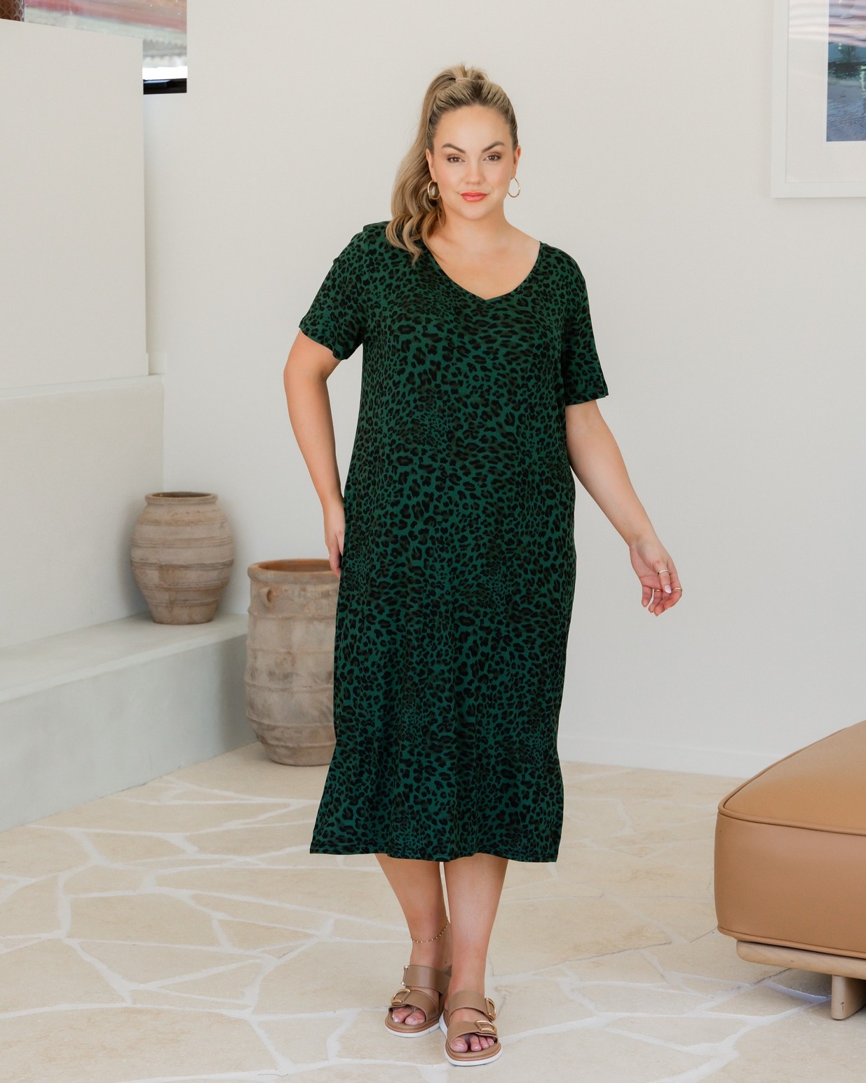 NEW COLOUR ALERT 💚🐆 Our best-selling Harper Slip Dress just dropped in Green Leopard! Ultra-stretchy, slip-on, skims your curves and feels like heaven. Lisa wears 10, Kelly 14 & Bec 18. This