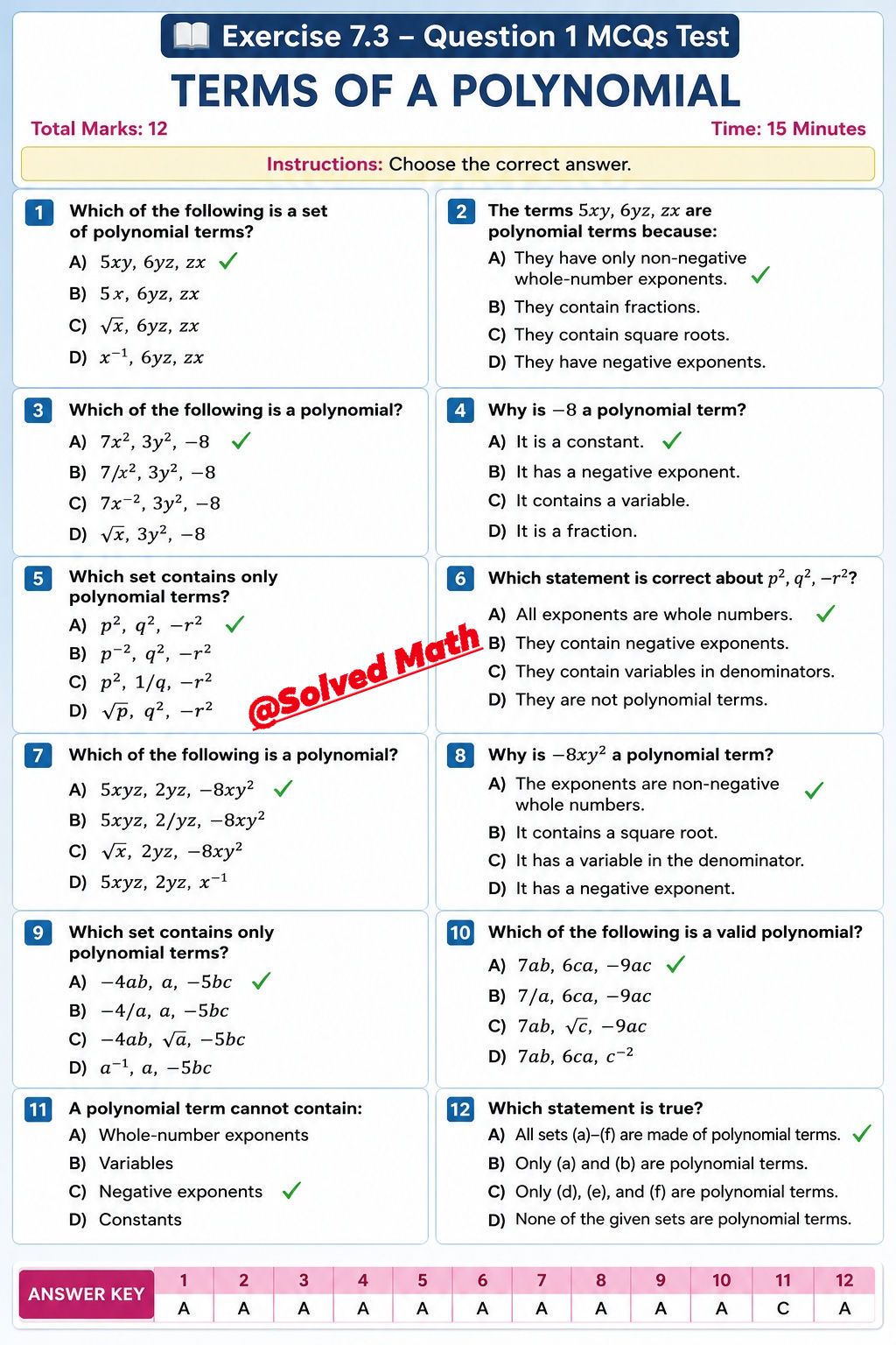 7th grade math chapter-wise MCQs with answers