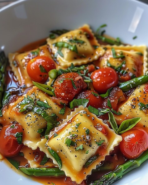 מזנון - Ravioli with Tomatoes, Asparagus, Garlic, and Herbs recipe ...
