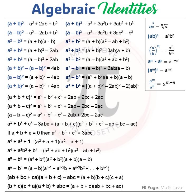 Math Love - List of Algebraic Identities #algebra | Facebook