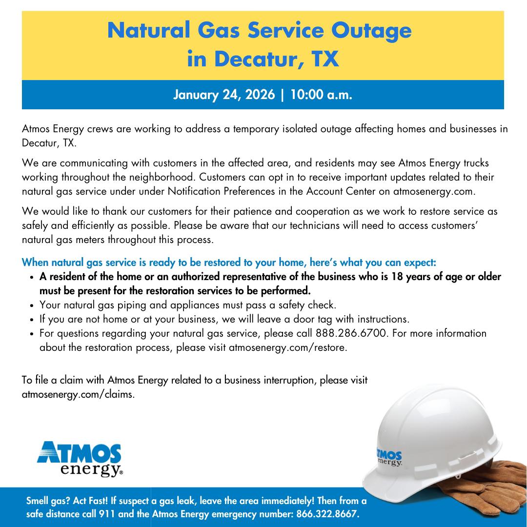 NATURAL GAS SERVICE OUTAGE — Atmos... - Wise County Messenger | Facebook