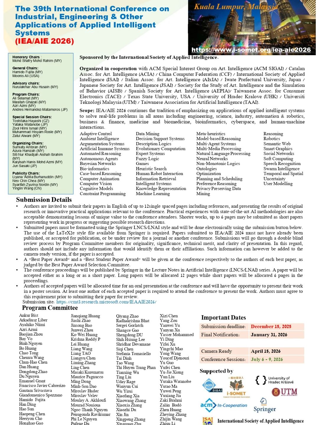 📣 Call for Papers – IEA/AIE 2026 🗓 6-9 July 2026 | Kuala Lumpur ...