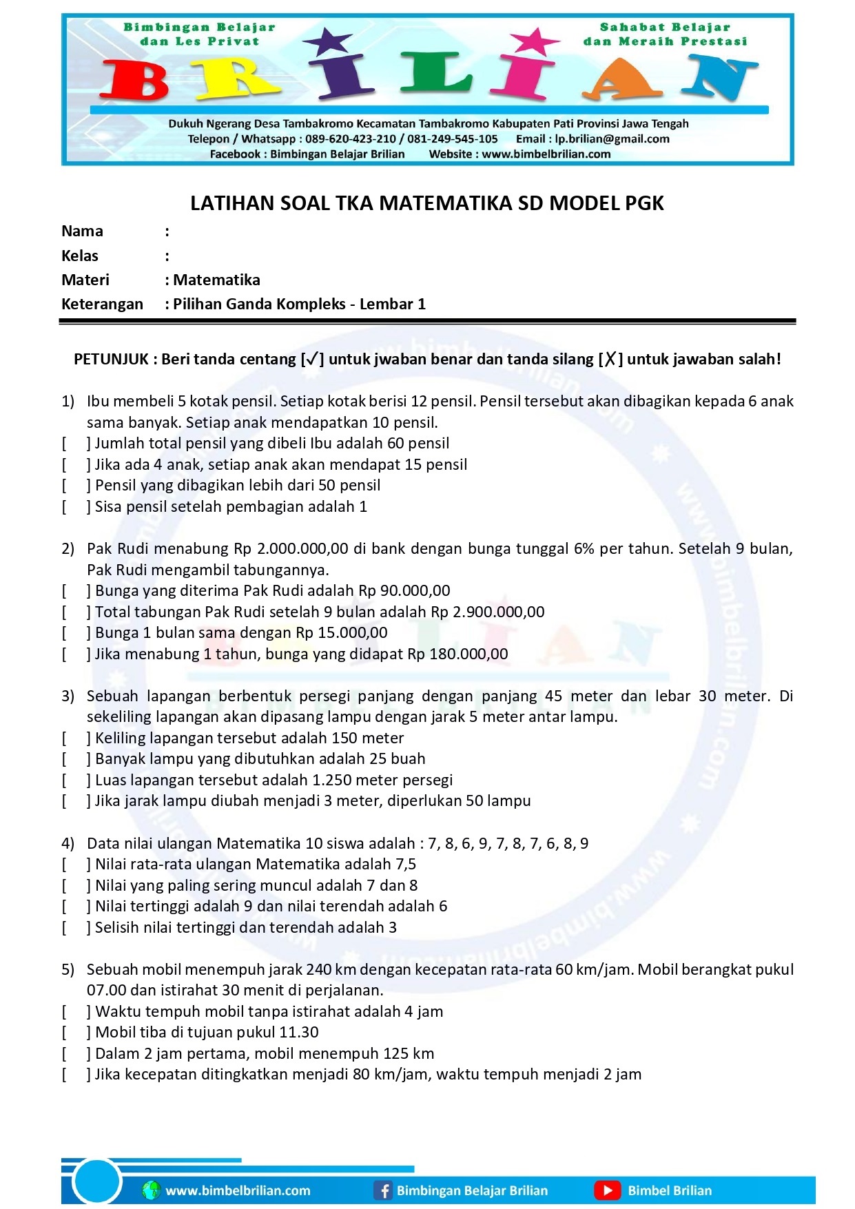 Latihan Soal TKA Matematika SD... - Bimbingan Belajar Brilian | Facebook