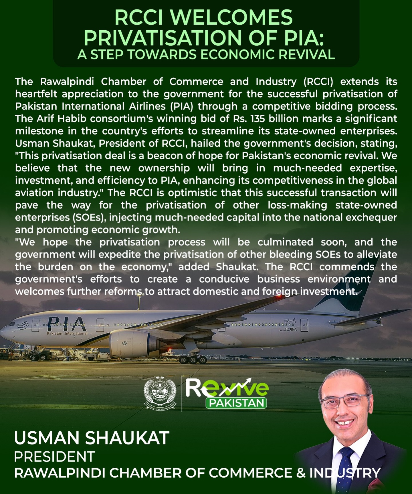 Rawalpindi - RCCI Welcomes PIA Privatisation ️🇵🇰 A landmark step toward ...