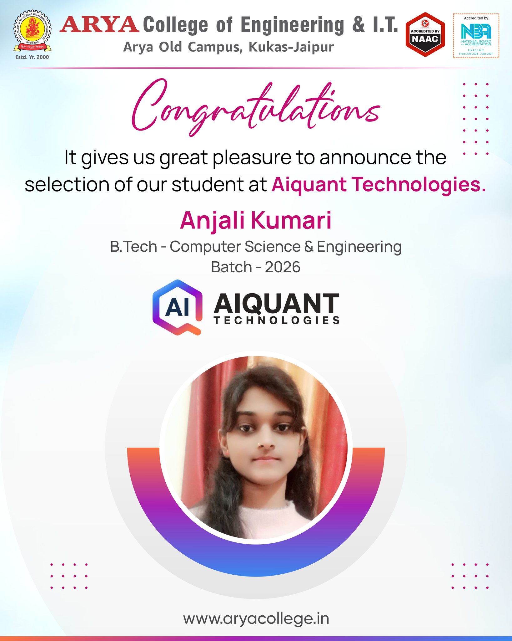 𝐂𝐚𝐦𝐩𝐮𝐬 𝐏𝐥𝐚𝐜𝐞𝐦𝐞𝐧𝐭𝐬... - Arya College of Engineering & I.T. | Facebook