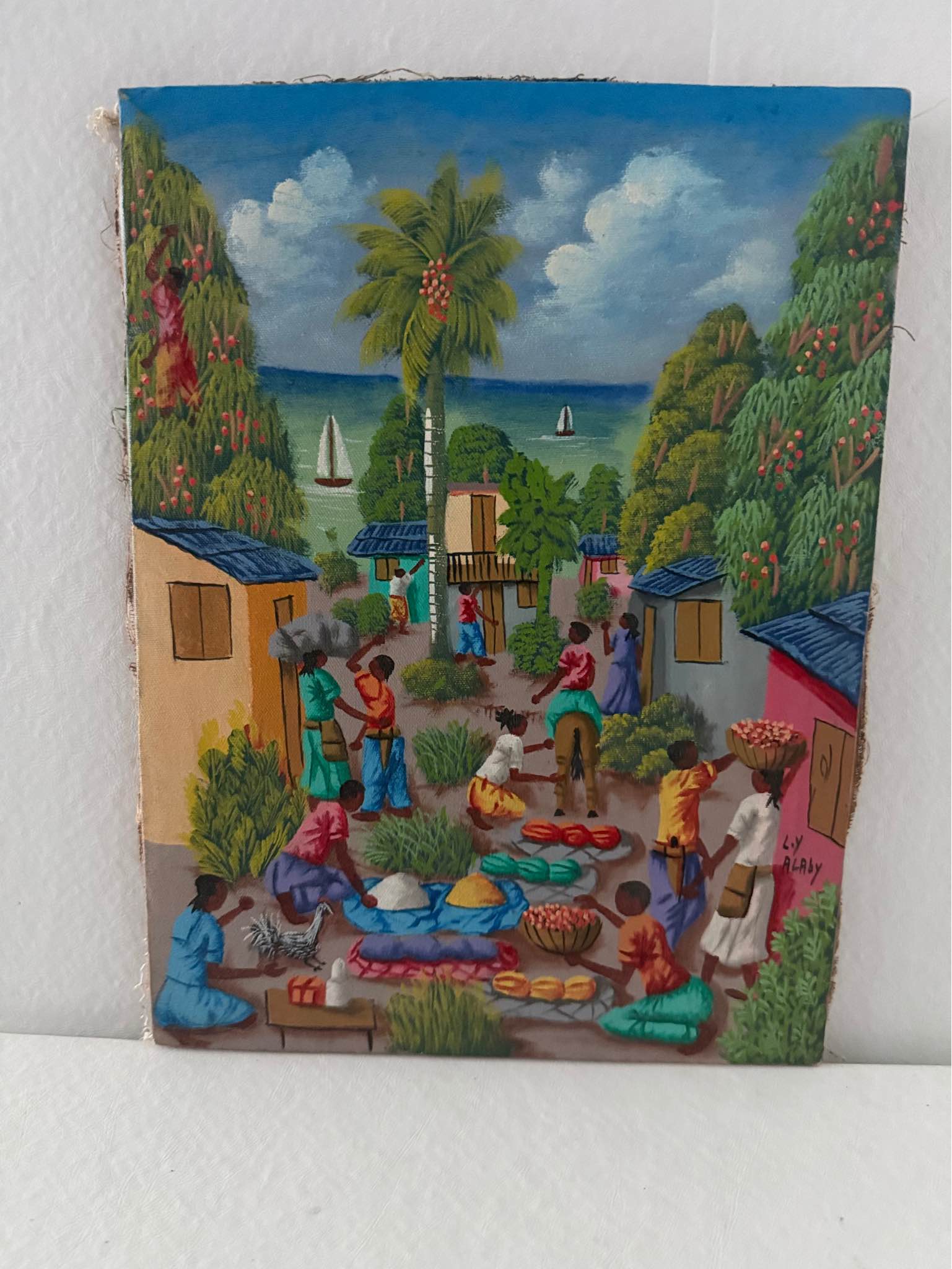 Vibrant Haitian folk art painting on canvas by artist L.Y. Alaby