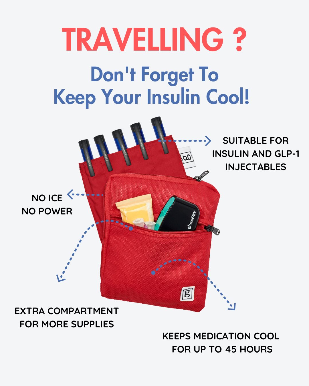 Travelling? Don't forget to keep your insulin cool with the Glucology Cooling Pouch! Keeps medication cool for up to 45 hours, insulin and GLP-1 injectables safe below 28°C—no fridge needed. Travel worry-free
