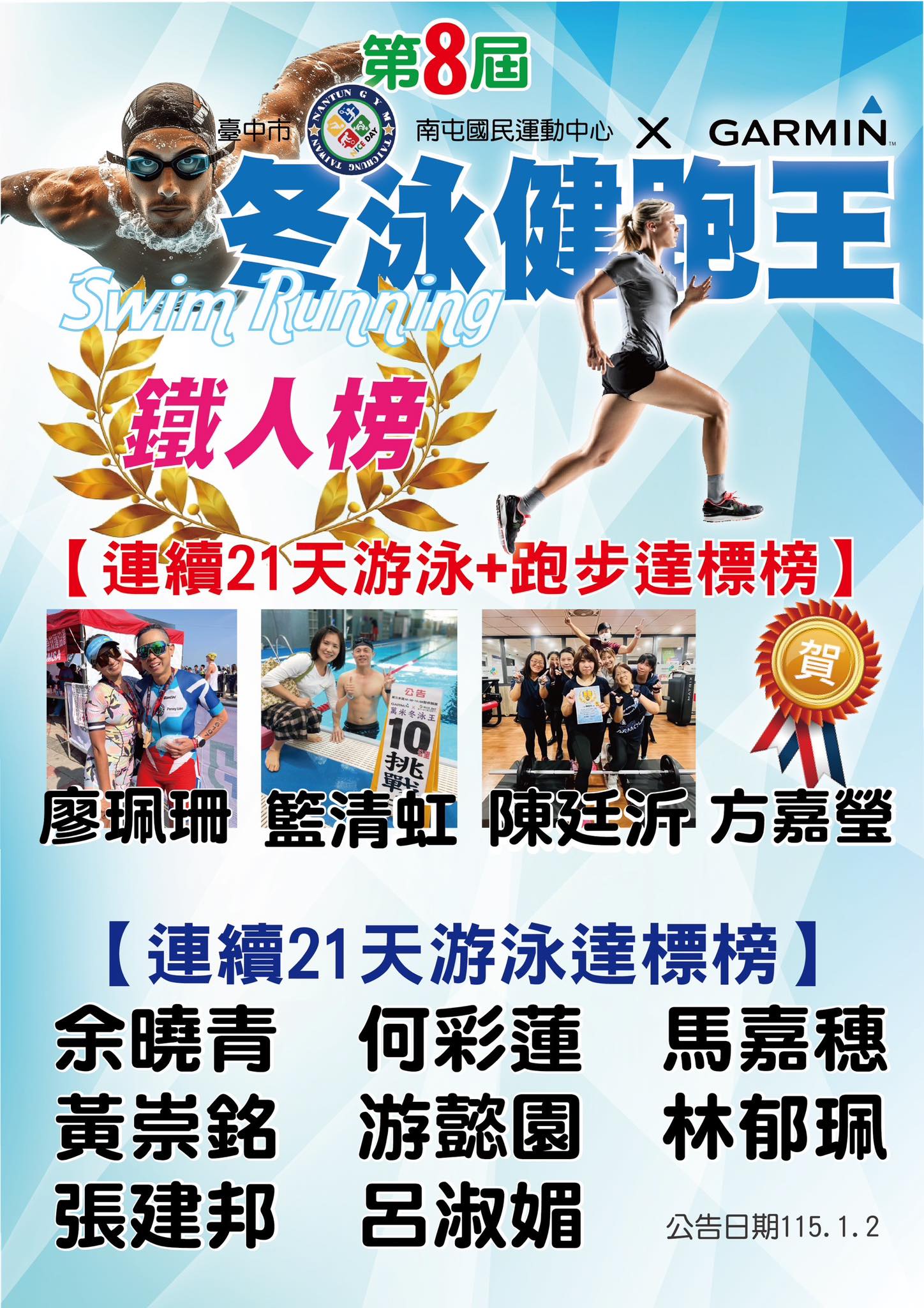 臺中市南屯國民運動中心 - 親愛的鄉親們早安🙂第八屆冬泳健跑王，連續21天的挑戰活動已於上週精彩落幕了 !... | Facebook