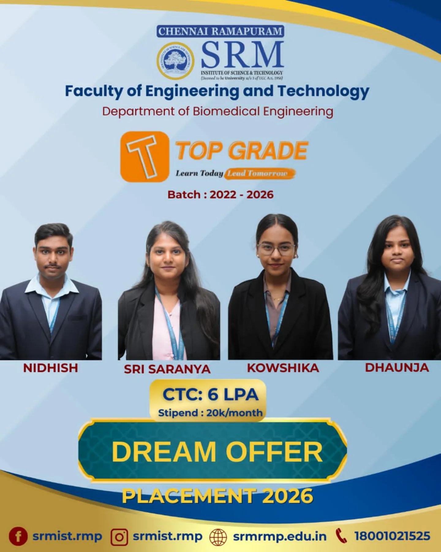 SRM - 🎉 DREAM OFFER ACHIEVED | PLACEMENT 2026 🎉 Proud moment for the ...