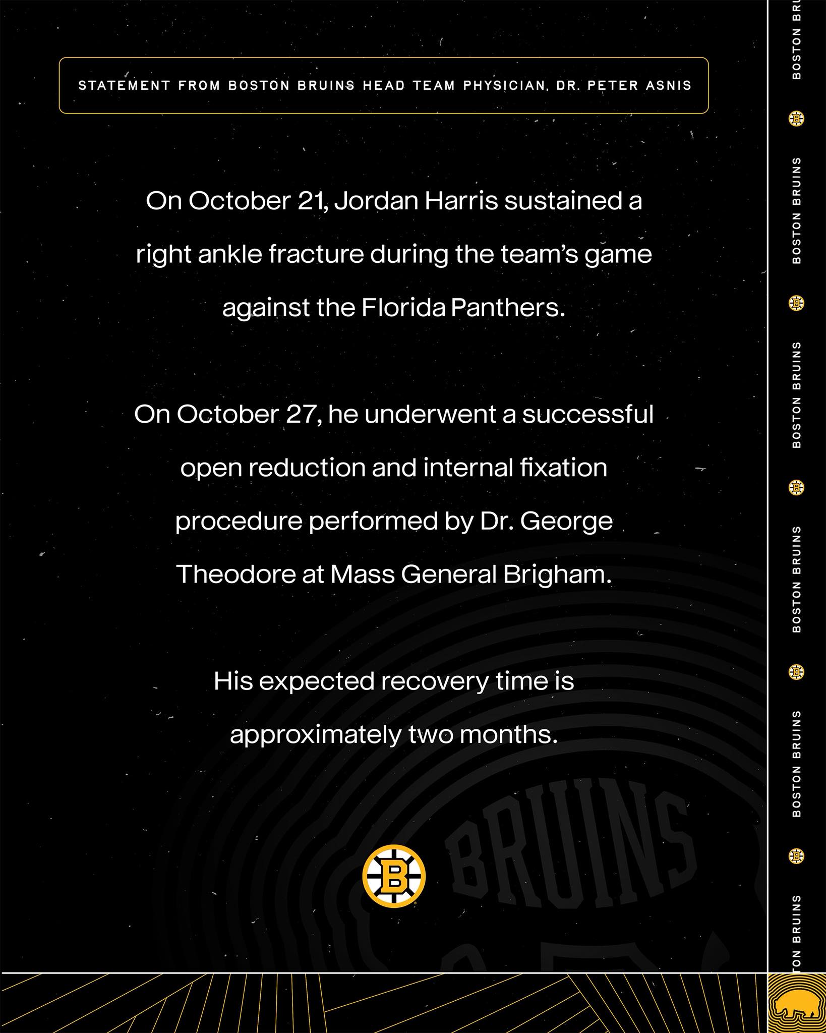 Boston - #NHLBruins medical update on Jordan Harris. 📰: https://bit.ly ...