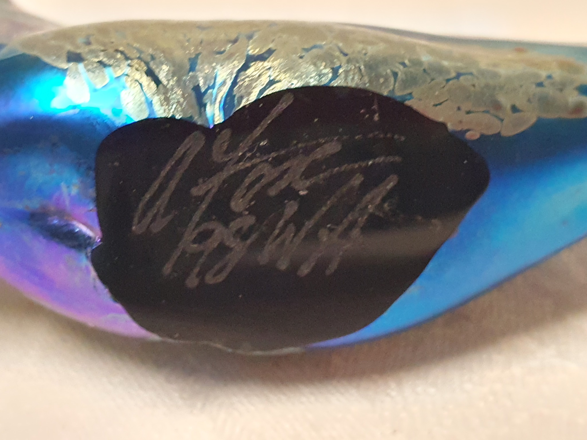 Alan Fox Iridescent glass fish.. $95. SOLD PENDING Signed to base